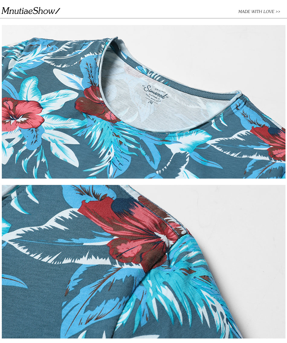 SIMWOOD Hawaiian  T Shirts Men 100% Pure Cotton Brand Clothing Print  Tees Plus Size