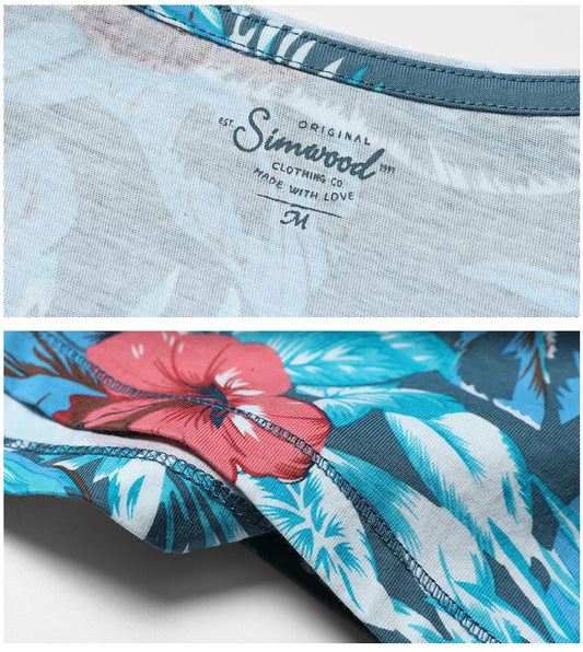 SIMWOOD Hawaiian  T Shirts Men 100% Pure Cotton Brand Clothing Print  Tees Plus Size
