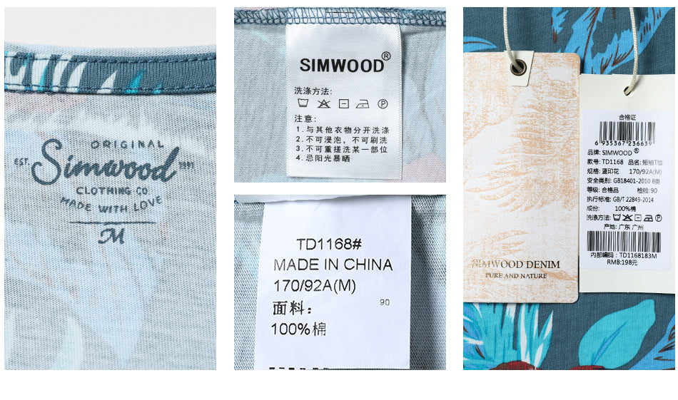 SIMWOOD Hawaiian  T Shirts Men 100% Pure Cotton Brand Clothing Print  Tees Plus Size