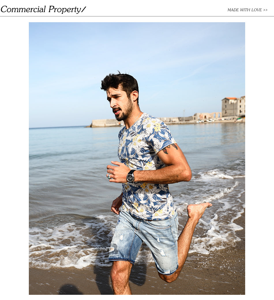 SIMWOOD Hawaiian Print Short Sleeve 100% Pure Cotton Slim Fit Skinny Fashion Tees Brand Clothing