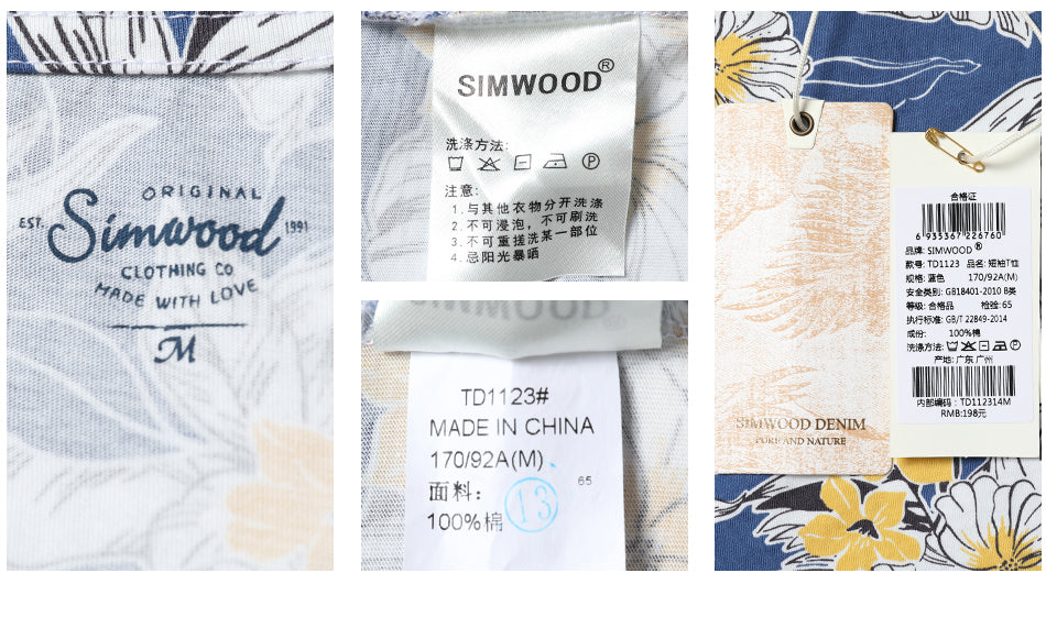 SIMWOOD Hawaiian Print Short Sleeve 100% Pure Cotton Slim Fit Skinny Fashion Tees Brand Clothing