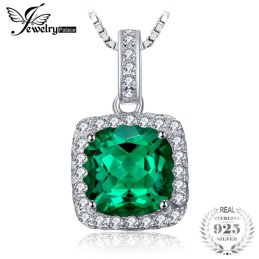 JewelryPalace Cushion 3.3ct Created Nano Russian Emerald Halo Pendant Solid 925 Sterling Silver 2016 Brand New No Chain