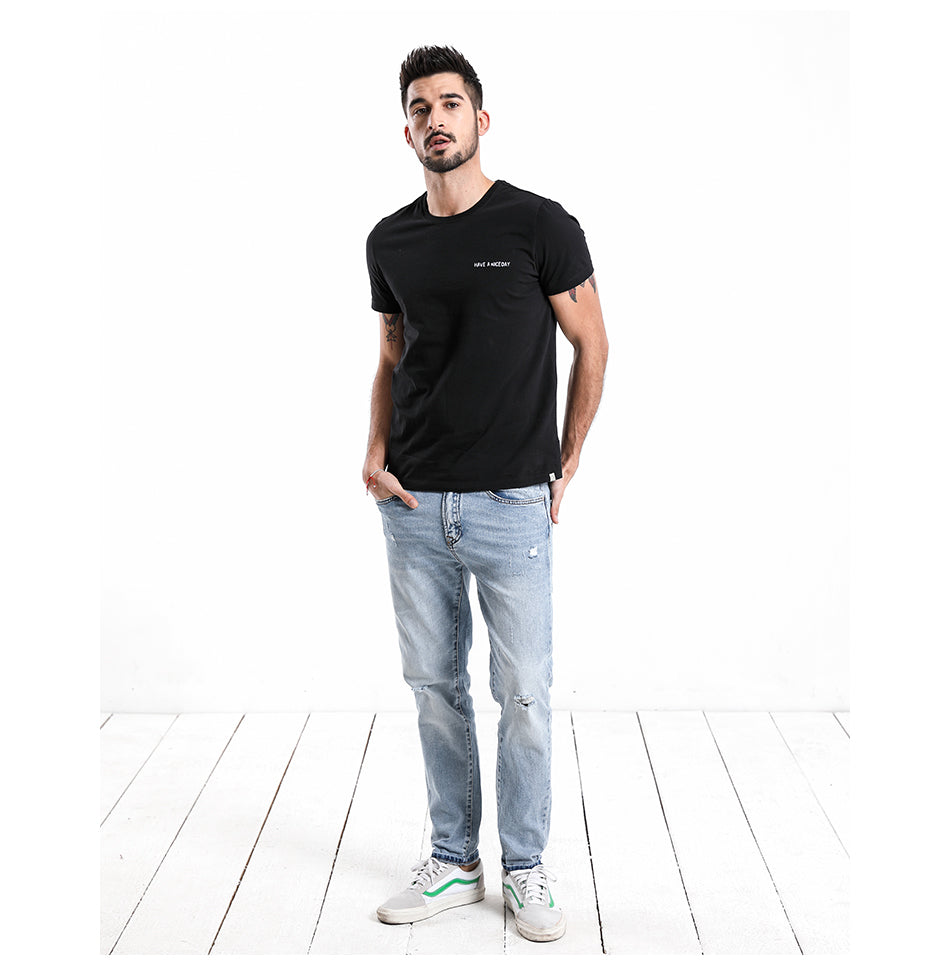 SIMWOOD 2019 Summer Fashion T-Shirt Men 100% Pure Cotton Casual Slim Fit Plus Size Top Tee Letters Print Brand Clothing 180177