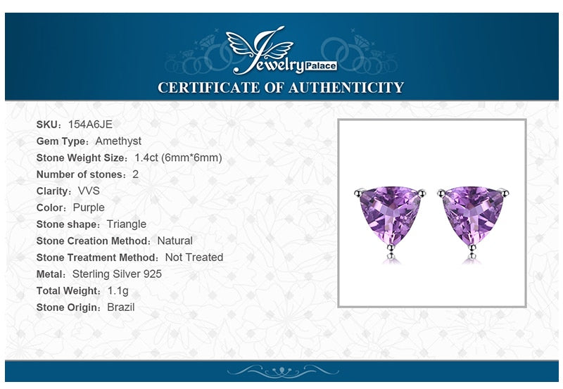 JewelryPalace Trillion 1.9ct Natural Purple Amethyst Birthstone Stud Earrings Solid 925 Sterling Silver Fine Jewelry For Women