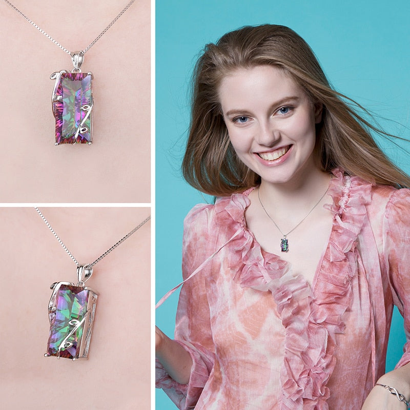 Huge 16ct Genuine Natural Fire Rainbow Mystic Topaz Pendant Charm Solid 925 Sterling Silver Vintage Fashion Women Jewelry 2016