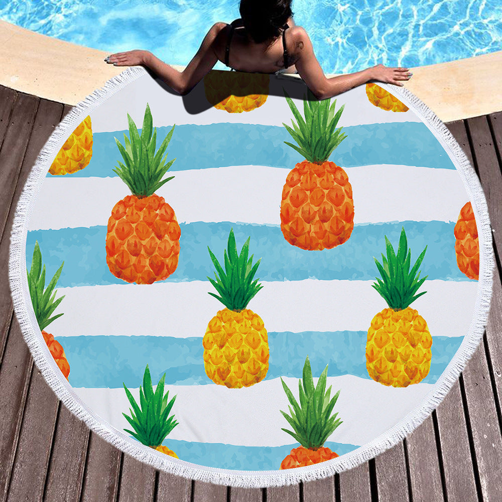 Pineapple Succulent Plants Summer Round Beach Towel Printing Plush Yoga Mat Tassel Tapestry Travel Picnic Outdoor Pads 150CM