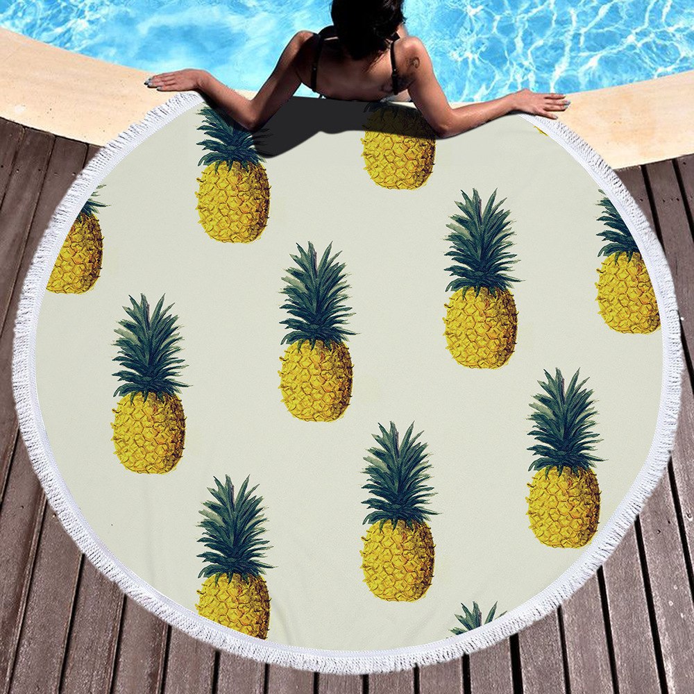 Pineapple Succulent Plants Summer Round Beach Towel Printing Plush Yoga Mat Tassel Tapestry Travel Picnic Outdoor Pads 150CM