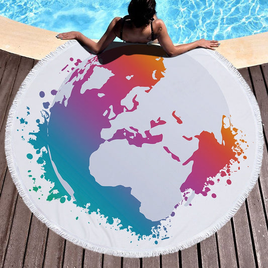 Minimalist Microfiber World Map Summer Round Beach Towel Printing Plush Yoga Mat Tassel Tapestry Travel Picnic Outdoor Pads