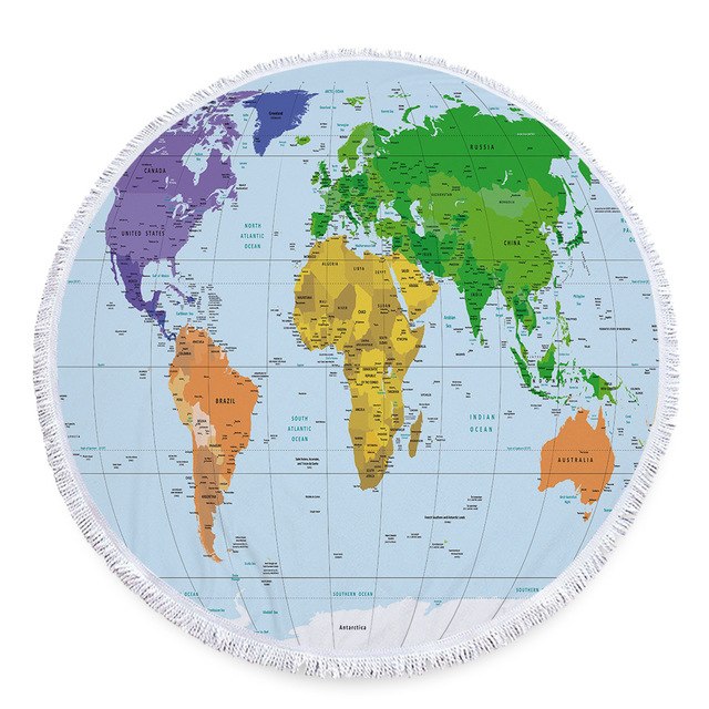 Minimalist Microfiber World Map Summer Round Beach Towel Printing Plush Yoga Mat Tassel Tapestry Travel Picnic Outdoor Pads