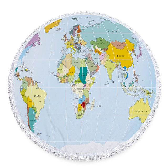 Minimalist Microfiber World Map Summer Round Beach Towel Printing Plush Yoga Mat Tassel Tapestry Travel Picnic Outdoor Pads