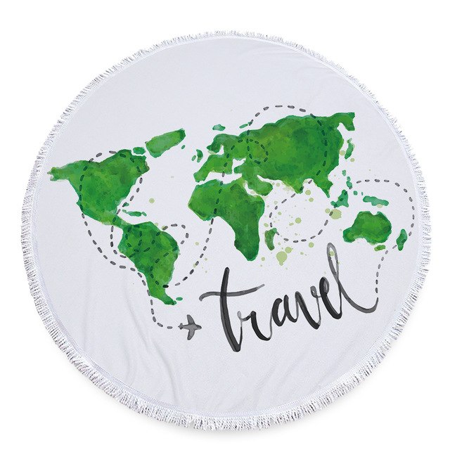 Minimalist Microfiber World Map Summer Round Beach Towel Printing Plush Yoga Mat Tassel Tapestry Travel Picnic Outdoor Pads