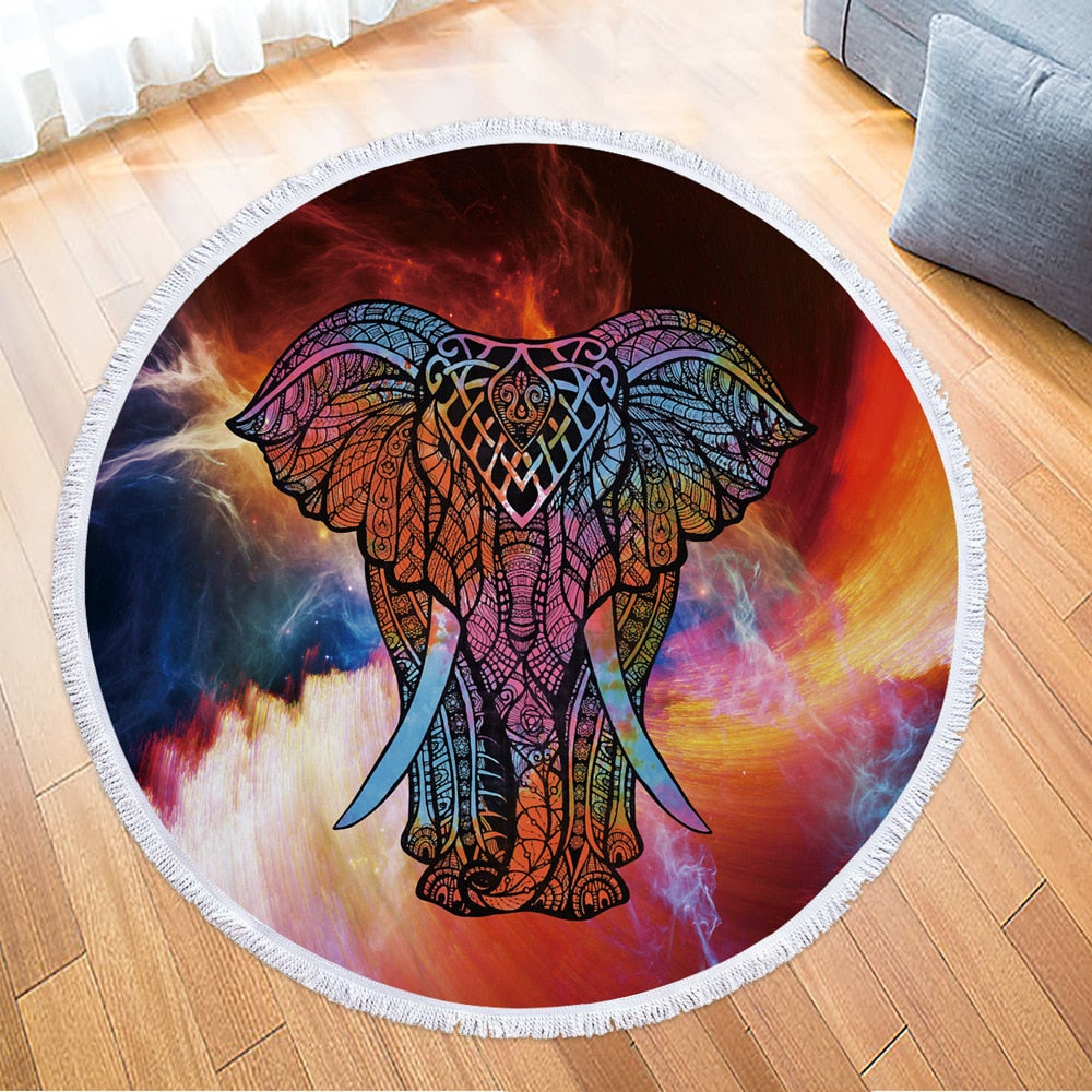 Mandala Elephant Round Beach Towel Summer Watercolor Animal Printing Plush Yoga Mat Tassel Tapestry Travel Picnic Outdoor Pads