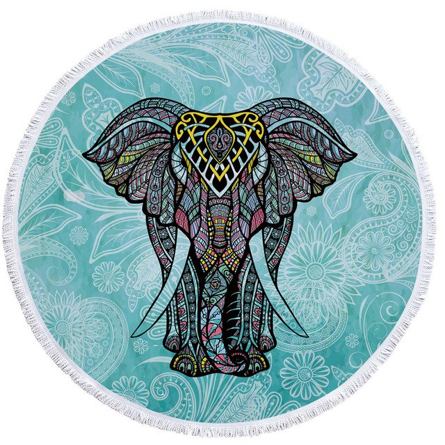 Mandala Elephant Round Beach Towel Summer Watercolor Animal Printing Plush Yoga Mat Tassel Tapestry Travel Picnic Outdoor Pads