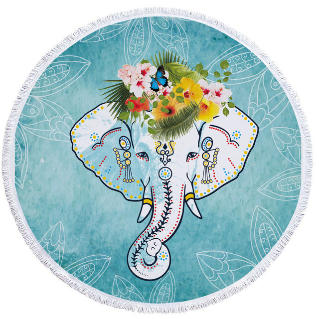 Mandala Elephant Round Beach Towel Summer Watercolor Animal Printing Plush Yoga Mat Tassel Tapestry Travel Picnic Outdoor Pads