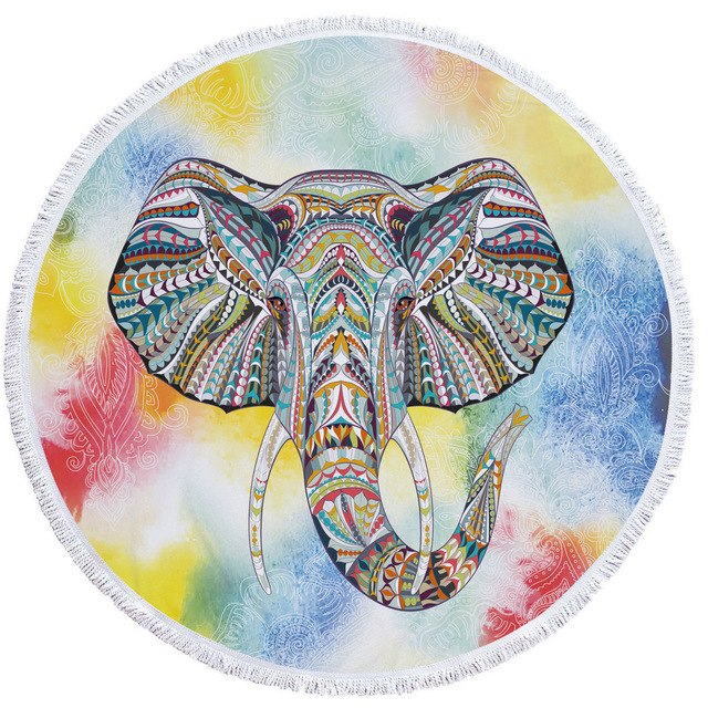 Mandala Elephant Round Beach Towel Summer Watercolor Animal Printing Plush Yoga Mat Tassel Tapestry Travel Picnic Outdoor Pads