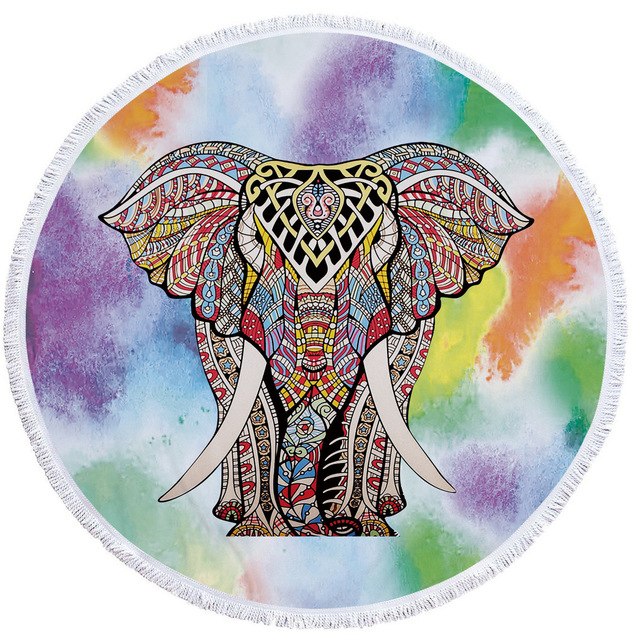 Mandala Elephant Round Beach Towel Summer Watercolor Animal Printing Plush Yoga Mat Tassel Tapestry Travel Picnic Outdoor Pads