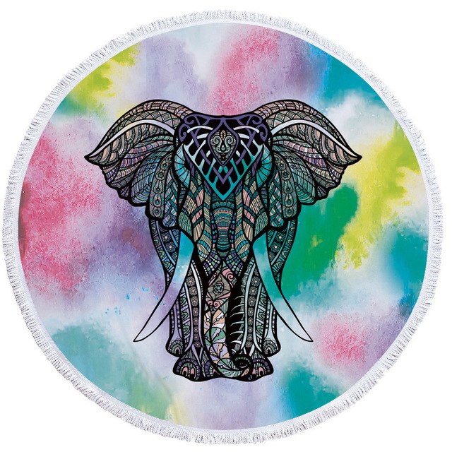 Mandala Elephant Round Beach Towel Summer Watercolor Animal Printing Plush Yoga Mat Tassel Tapestry Travel Picnic Outdoor Pads