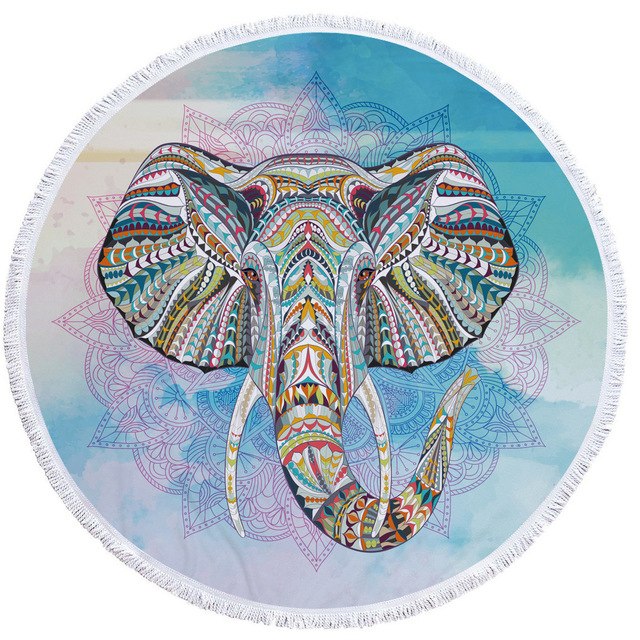 Mandala Elephant Round Beach Towel Summer Watercolor Animal Printing Plush Yoga Mat Tassel Tapestry Travel Picnic Outdoor Pads