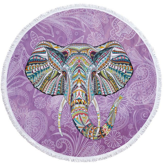 Mandala Elephant Round Beach Towel Summer Watercolor Animal Printing Plush Yoga Mat Tassel Tapestry Travel Picnic Outdoor Pads