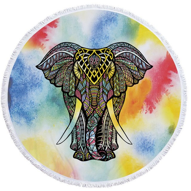 Mandala Elephant Round Beach Towel Summer Watercolor Animal Printing Plush Yoga Mat Tassel Tapestry Travel Picnic Outdoor Pads