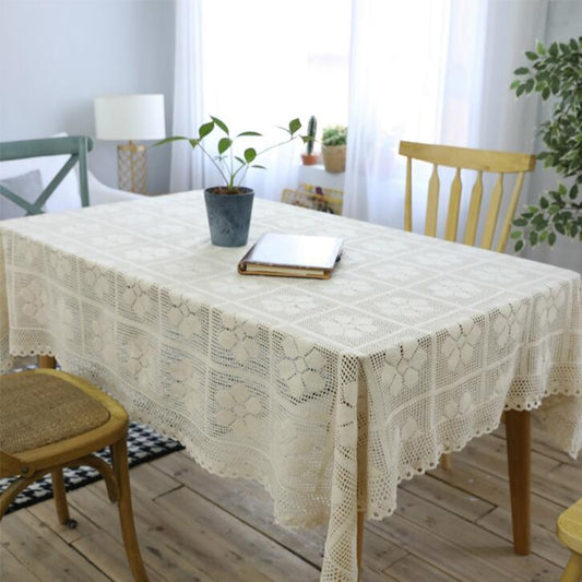 Vintage Knitting Crocheted Beige Tablecloth Rectangle Floral Hollow Lace Table Cloth Cotton Party Wedding Table Decor