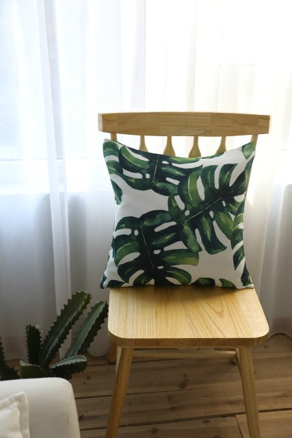 Simple Green Cushion Cover 45x45cm Plant Leaves Printed Pillow Case Polyester Cotton Decor Cushions for Sofa Bed Home Textile