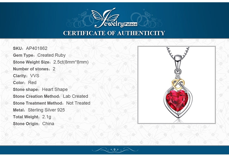 JewelryPalace Love Knot Heart 2.5ct Created Red Ruby Anniversary Pendant 925 Sterling Silver 18K Yellow Gold Without a Chain