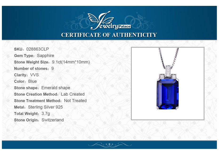 Pendants 9.4ct Created Blue Sapphire Pendant Luxury Emerald Cut Genuine 925 Sterling Silver without chain