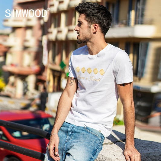 SIMWOOD Fashion T Shirt Men 2019 Summer New Cotton letter Print Tops Slim Fit High Quality Tees Plus Size Mens Clothes  180280