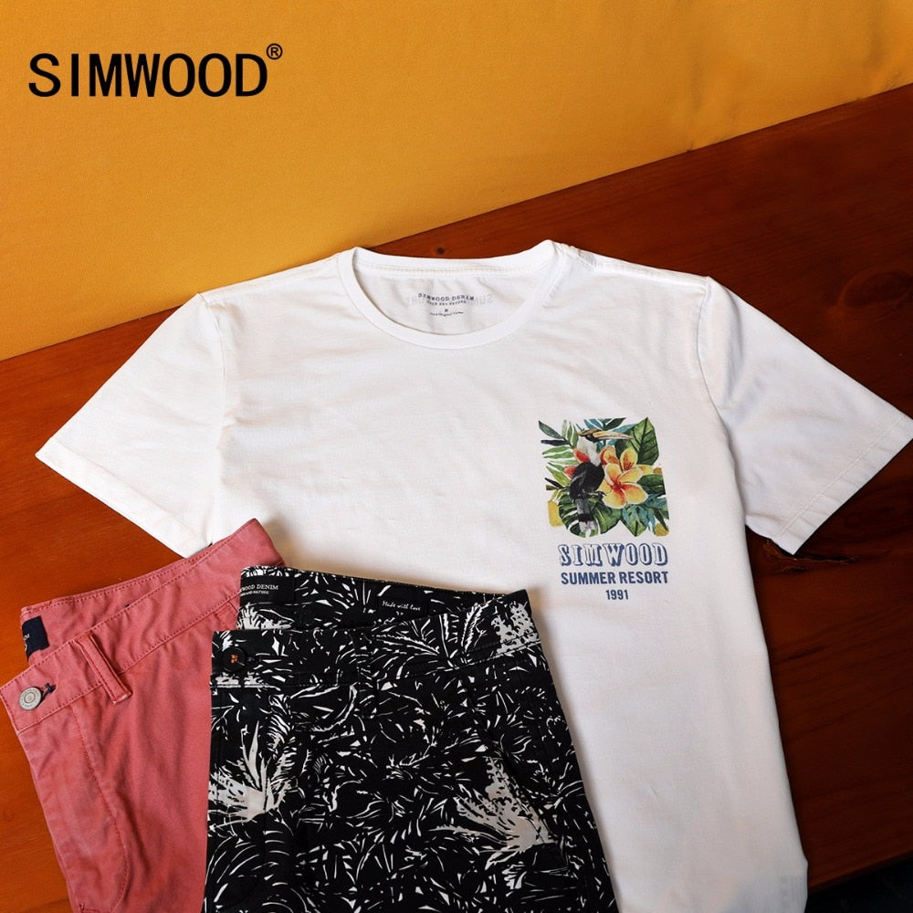 SIMWOOD 2019 Summer T-Shirts Men 100% Pure Cotton Slim Fit Plus Size Casual Tops Print Tees Brand Clothing Free Shipping 180314