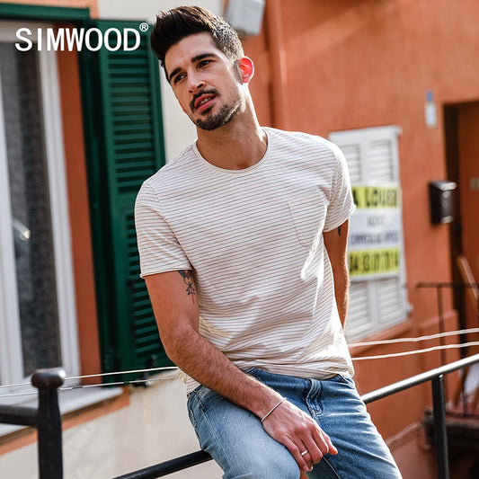 SIMWOOD Hot Sale 2019 Summer T-Shirts Men Slim Fit 100% Cotton Plus Size High Quality Short Sleeve Tops Brand Clothing 180160