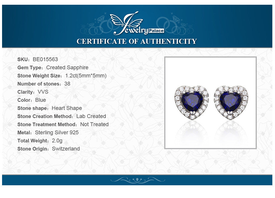 Earrings Heart Of The Ocean 1.2ct Created Blue Sapphire 925 Sterling Silver