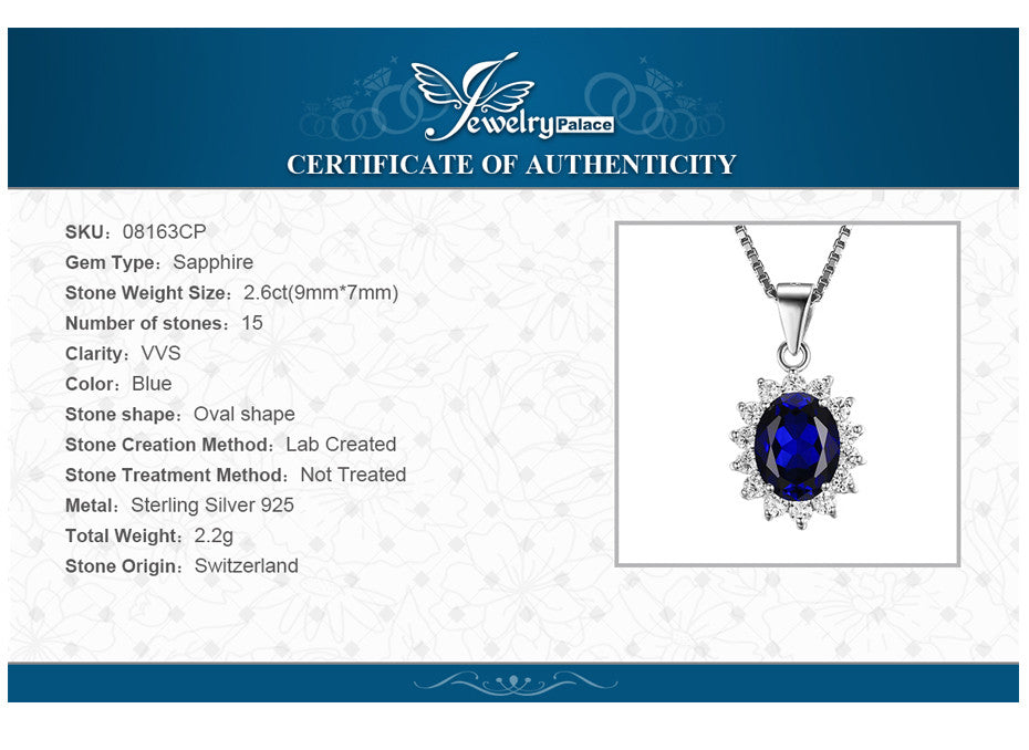 Pendant JewelryPalace Kate Princess Diana William 2.5ct Blue Sapphire 925 Sterling Silver without a chain