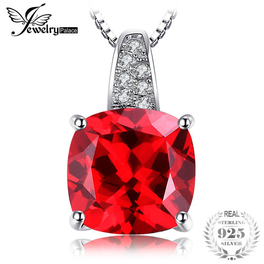 JewelryPalace Cushion 4.9ct Created Red Ruby 925 Sterling Silver Solitaire Pendant Women Engagement Wedding Jewelry No Chain