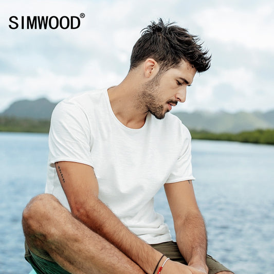 Shirts SIMWOOD New t shirts Men 2019 Summer curl raw edge 100% Cotton