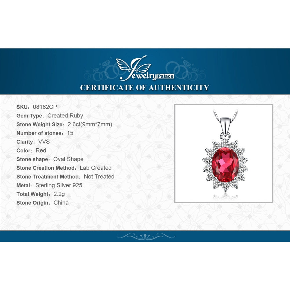 JewelryPalace 3.2ct Oval Red Ruby Pendant Genuine 925 Sterling Silver Charms Princess Diana William Engagement Pendant No Chain