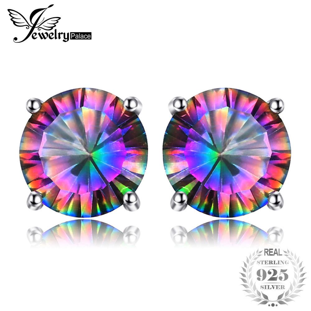 JewelryPalace Round 2ct Genuine Mystic Rainbow Mystical Topaz Earrings Stud Solid 925 Sterling Silver Fashion Fine Jewelry Women