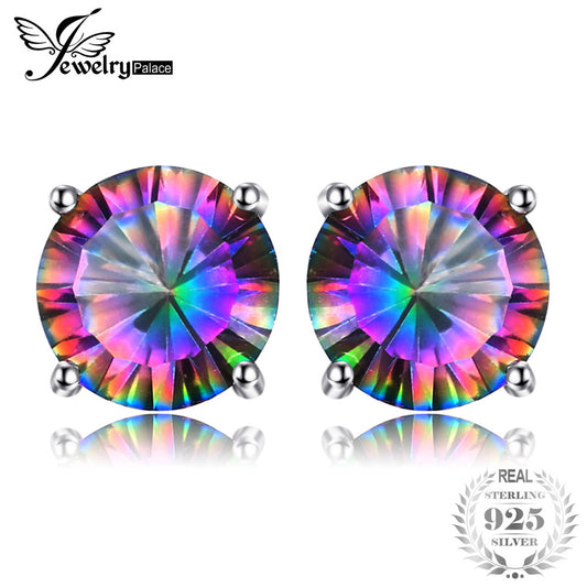 JewelryPalace Round 2ct Genuine Mystic Rainbow Mystical Topaz Earrings Stud Solid 925 Sterling Silver Fashion Fine Jewelry Women