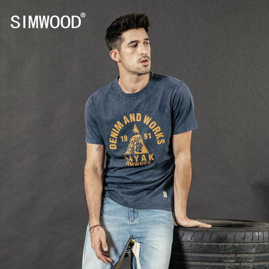 SIMWOOD 2019 summer new 100% cotton t-shirt men snow wash vintage tops fashion tees plus size t shirt letter print tshirt 190253